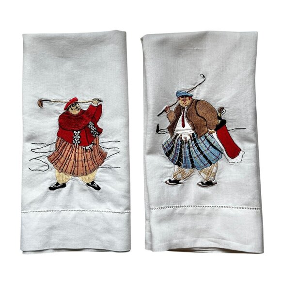 Set Of 2 Embroidered Kiltie Golfers White Tea Towels Golf Gift Decor Dad - Picture 1 of 6